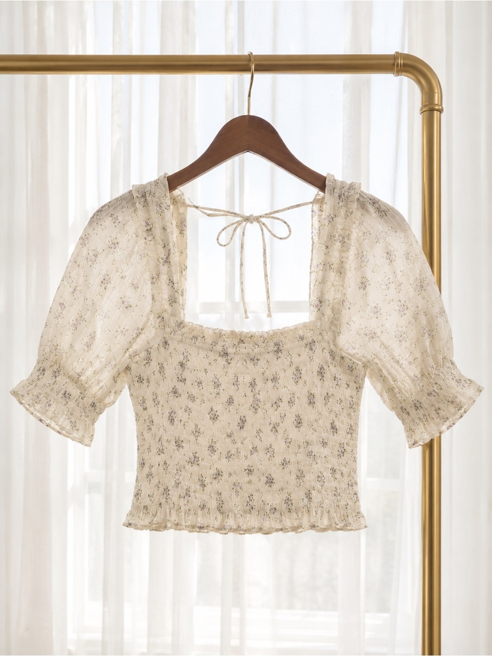 H&M Cream Floral Smocked Square-Neck Puff Sleeve Top